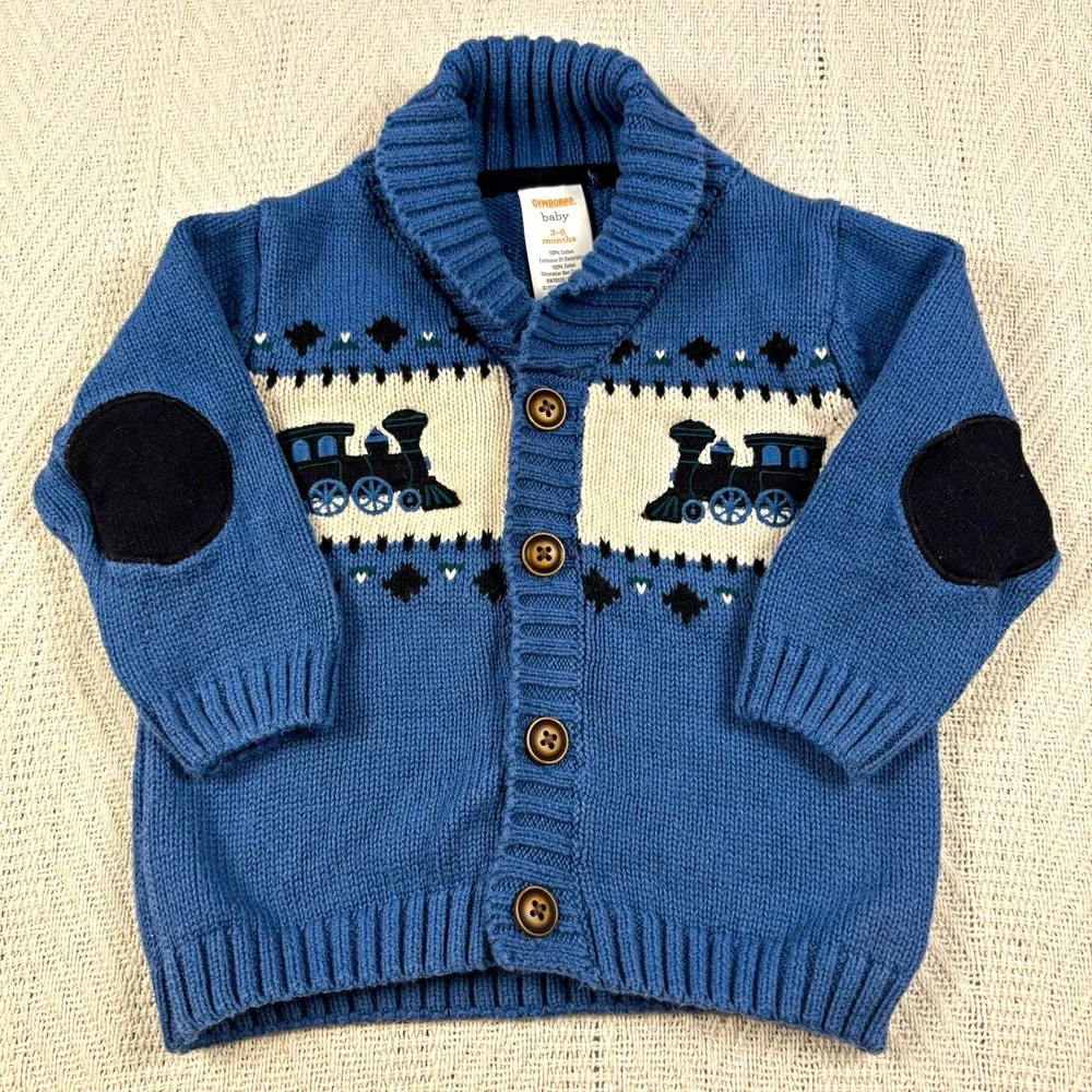 Gymboree Blue Train Knit Cardigan Sweater Shawl Collar 3-6 Months Button